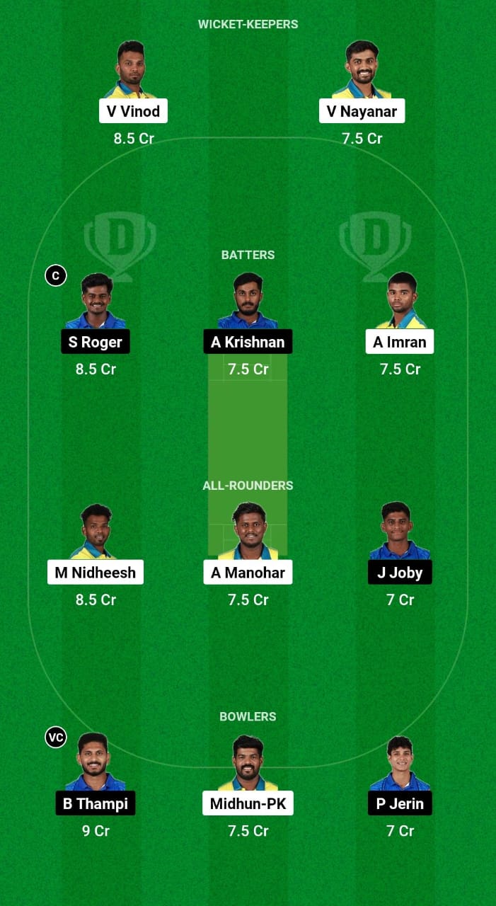 TT vs KBT Dream11 Prediction Fantasy Cricket Tips Dream11 Team Kerala T20 Trophy 2024 