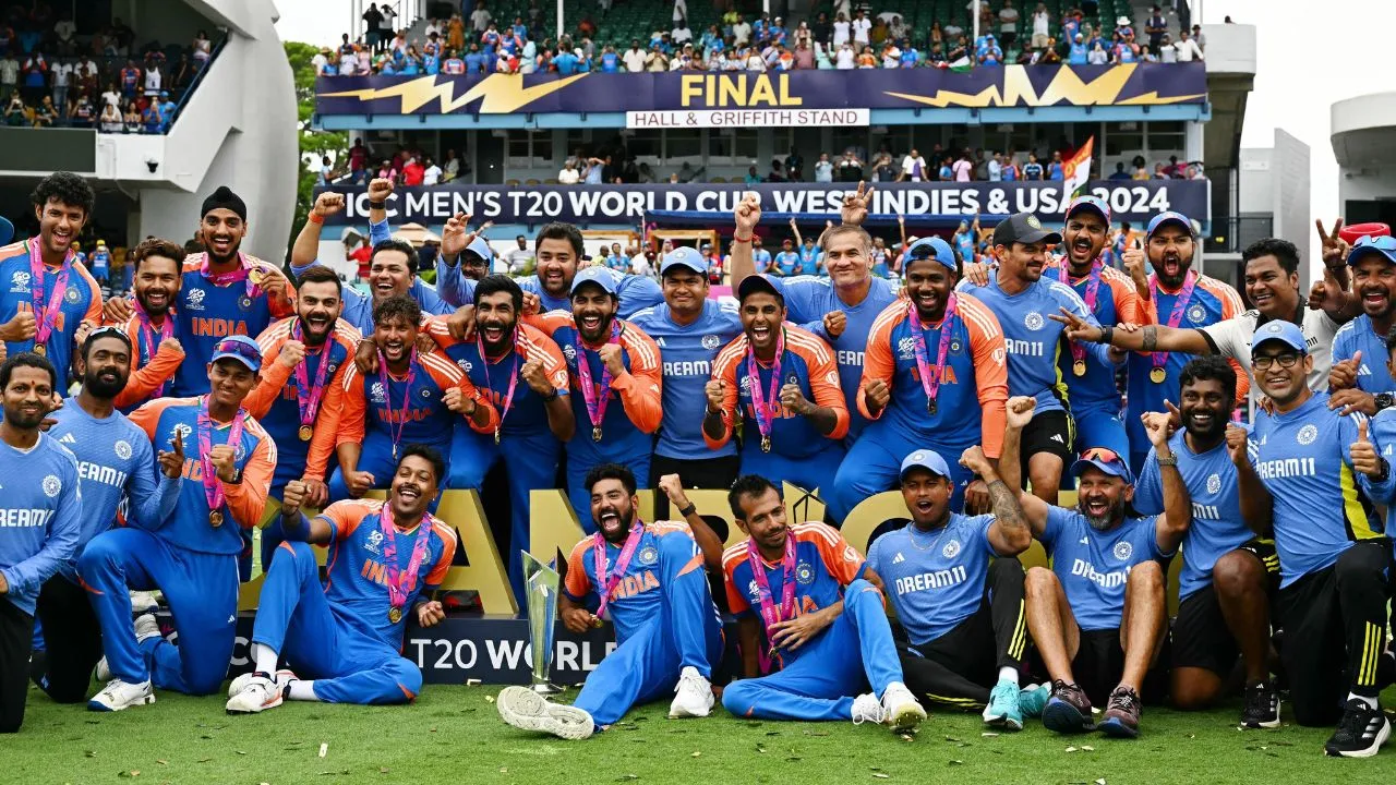 Indian team with the T20 World Cup trophy