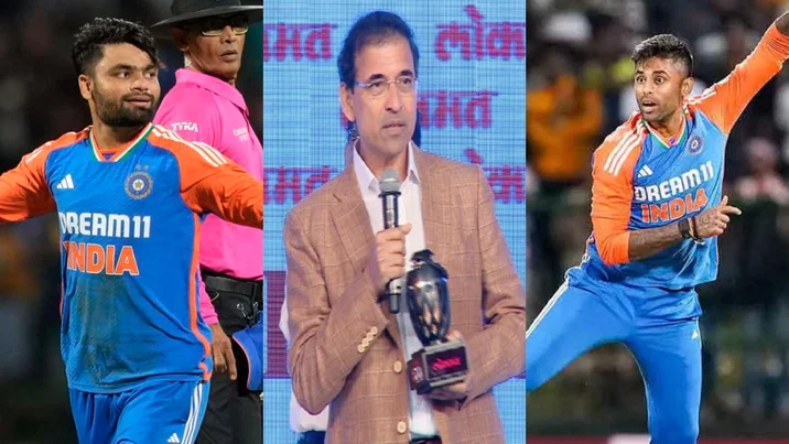 Rinku Singh, Harsh Bhogle and Suryakumar Yadav. Image Credit: Getty Images/X