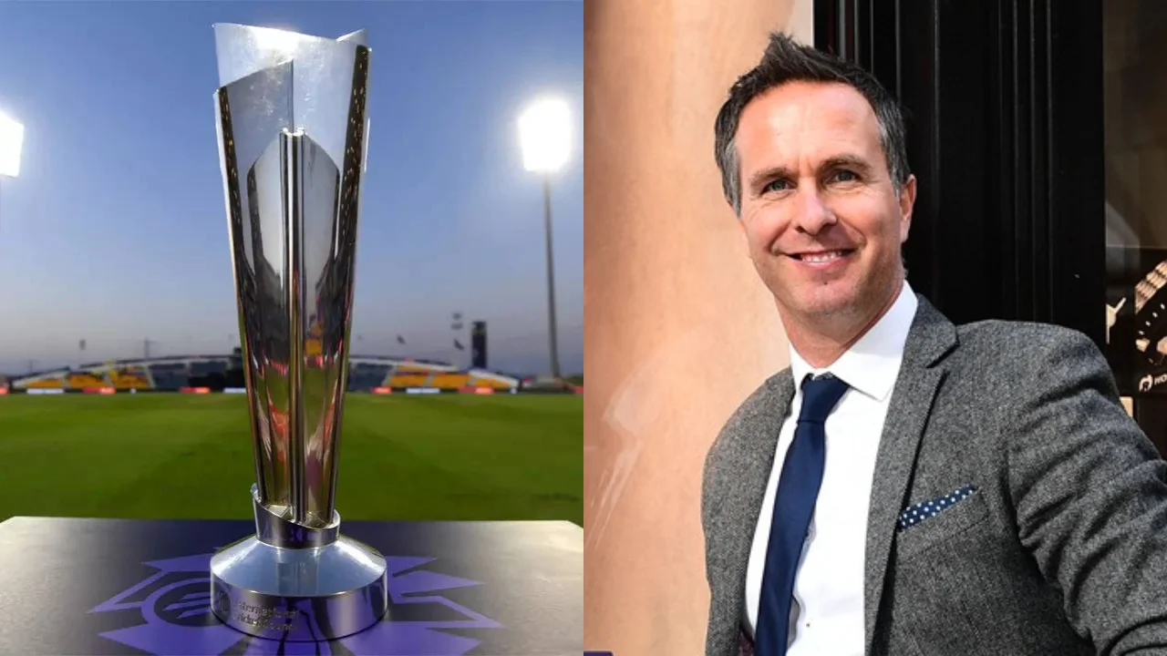 T20 World Cup Trophy and Michael Vaughan