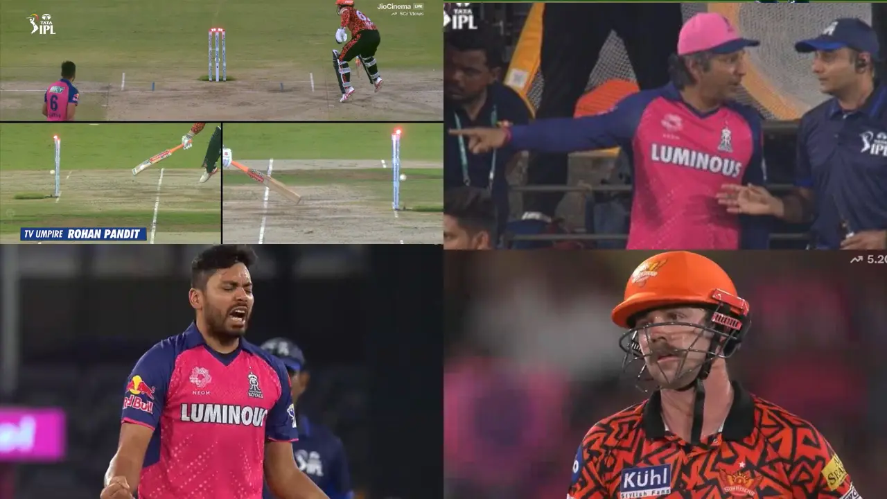 SRH vs RR: Watch - Controversy erupts as third umpire saves Travis Head with bizarre decision, leaving Kumar Sangakkara furious