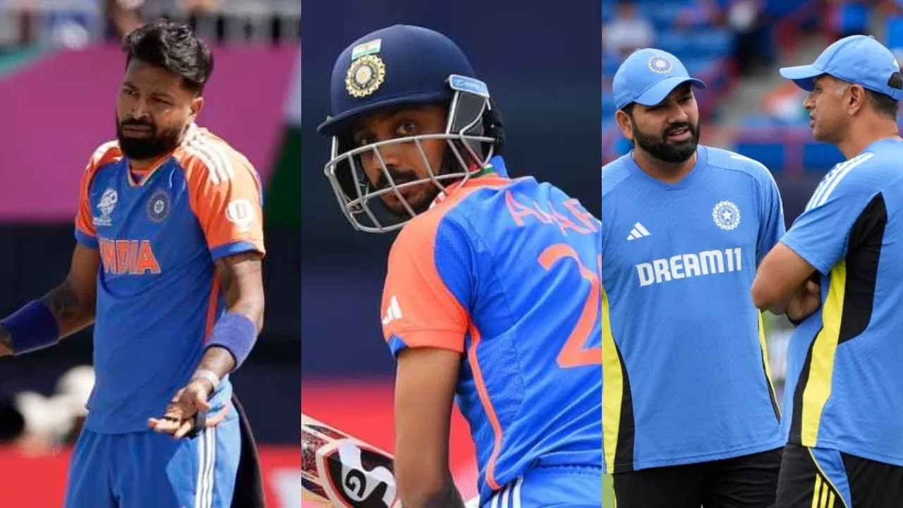 Hardik Pandya, Axar Patel, Rohit Sharma and Rahul Dravid