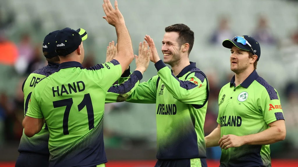 George Dockrell Celebrates With Team Mates The Dismissal Of Harry Brook