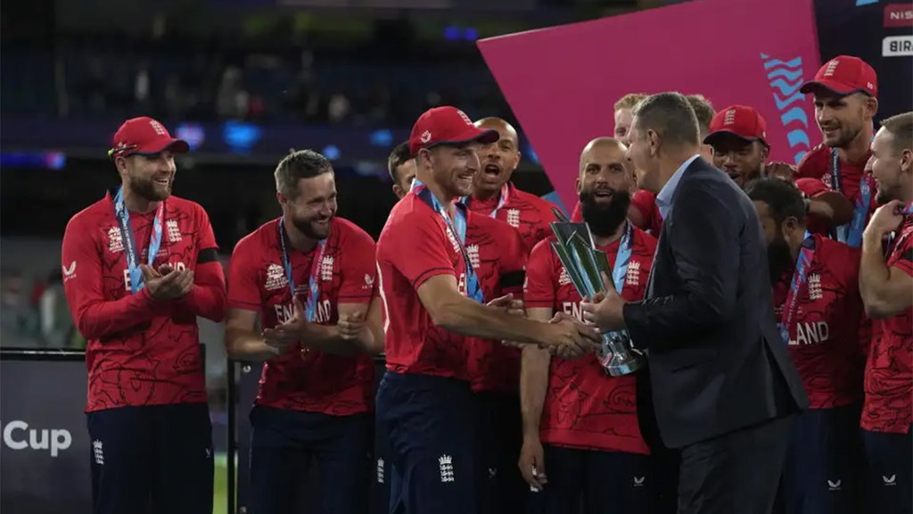 Jos Buttler Receives The World Cup Trophy