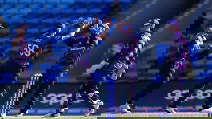 Brad Wheal celebrates the dismissal of Andy Balbirnie