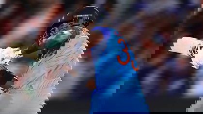 Deep in trouble Hardik Pandya is hit wicket while playing the flick