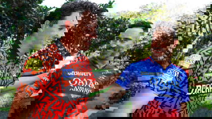 Faf du Plessis and Pat Cummins at an IPL captains event in Chennai