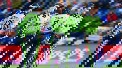 George Delany and team mates celebrate upon Dhananjaya de Silva's dismissalv