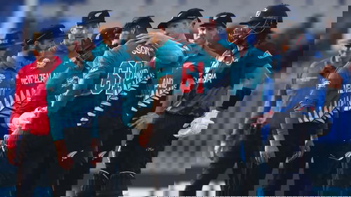 Ish Sodhi is congratulated after getting the wicket of Gerhard Erasmus