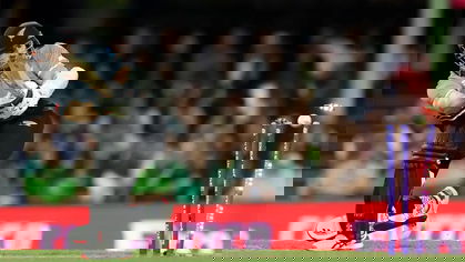 Kane Williamson missed with his attempted scoop off Shaheen Shah Afridi's slower delivery and was cleaned up