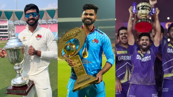 Shreyas Iyer with Irani Cup, Syed Mushtaq Ali Trophy and IPL trophy