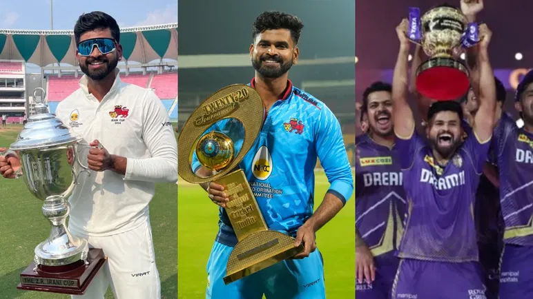 Shreyas Iyer with Irani Cup, Syed Mushtaq Ali Trophy and IPL trophy