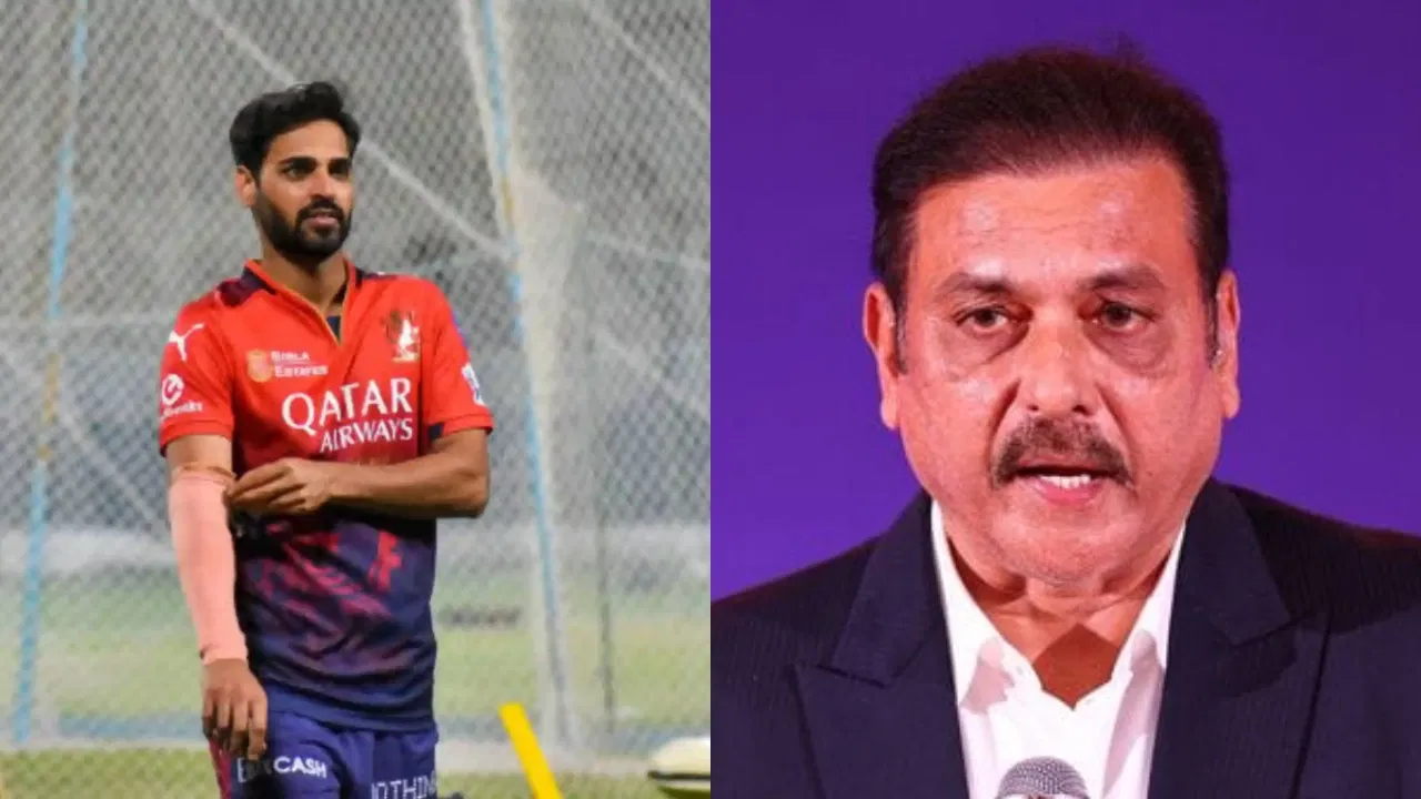 Bhuvneshwar Kumar of RCB and Ravi Shastri