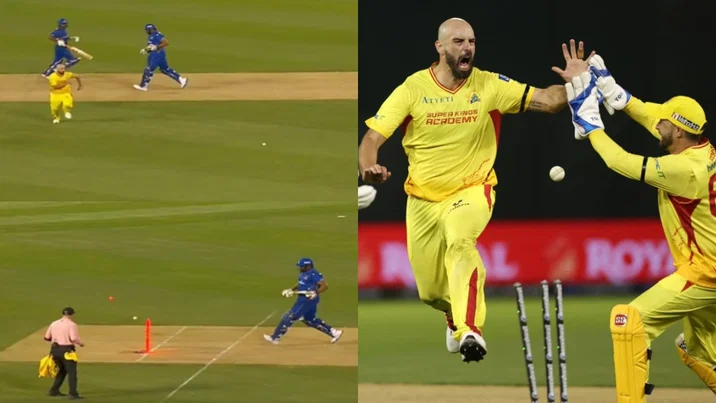Daryl Mitchell runs out Kieron Pollard in MLC 2025 clash
