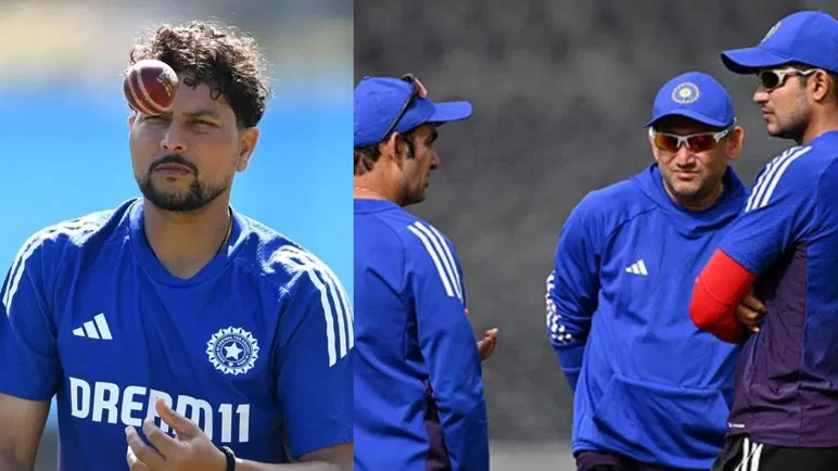 Kuldeep Yadav and India coach Gautam Gambhir, Ajit Agarkar and Shubman Gill