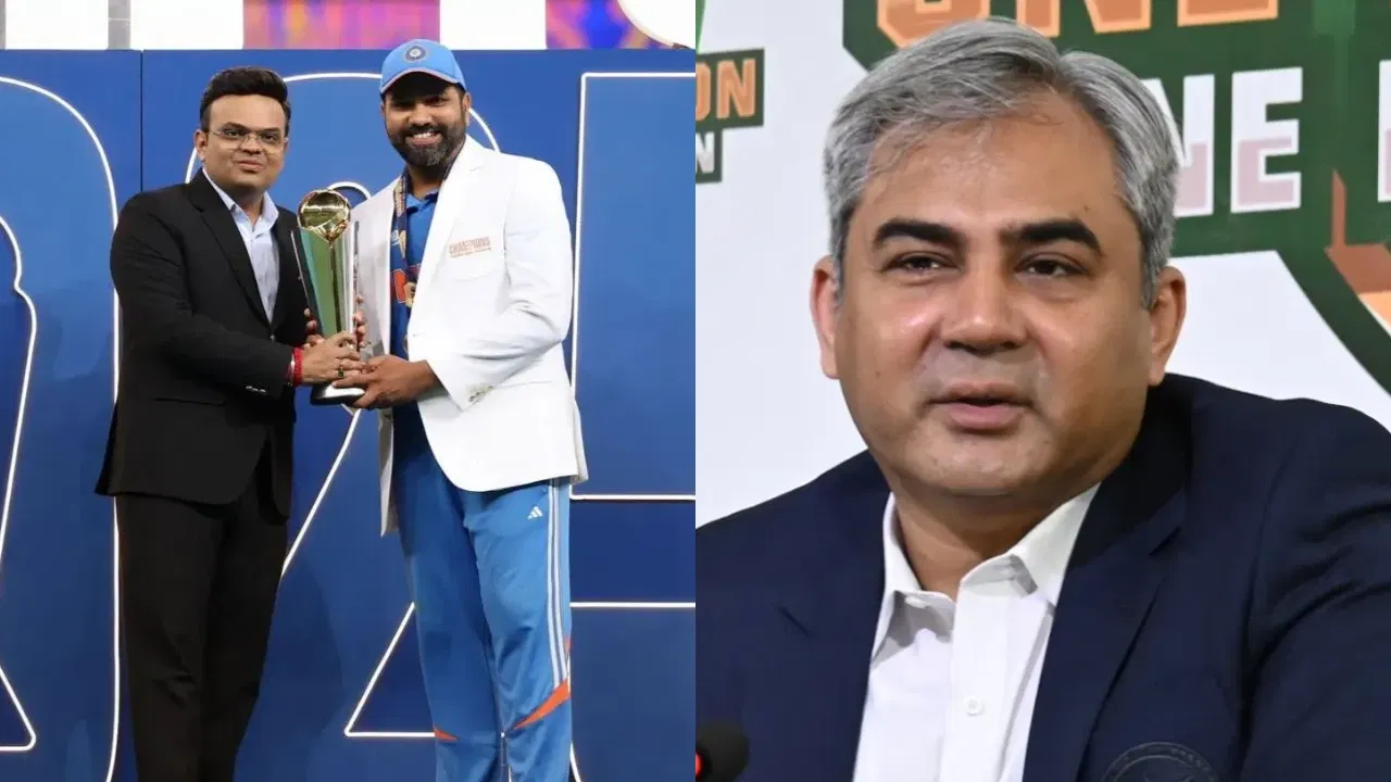 PCB, ICC Chairman Jay Shah Handing The Champions Trophy To Rohit Sharma, PCB chief Mohsin Naqvi