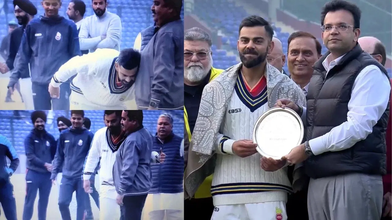 Virat Kohli Felicitated By DDCA And He Toches Rajkumar Sharmas Feet