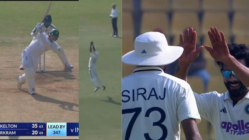 Mohammed Siraj leaps and pulls of a blinder of a catch to dismiss Ryan Rickelton