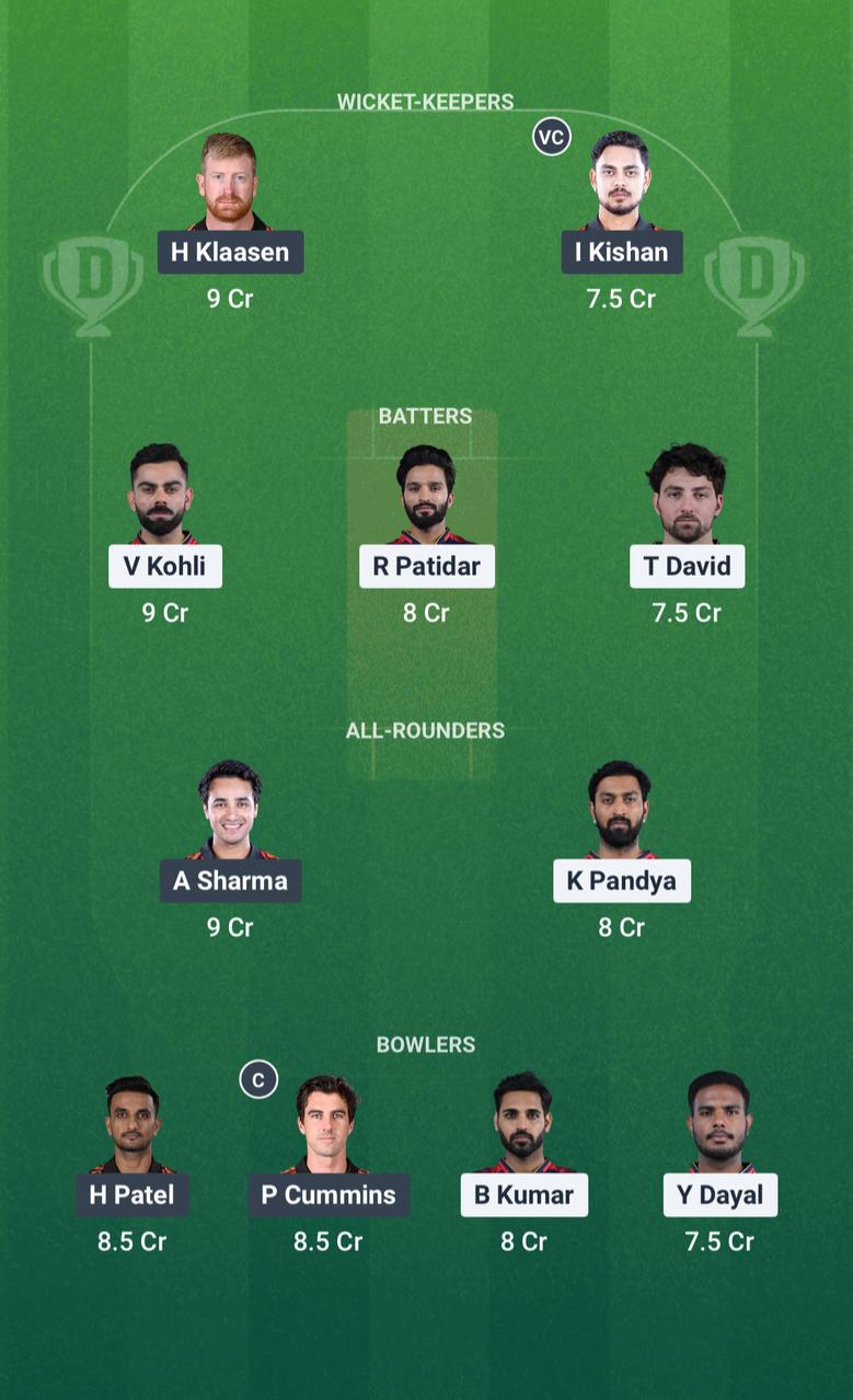 RCB VS SRH DREAM11 Subject Fantasy Tips for Cricket Dream11 Team IPL 2025