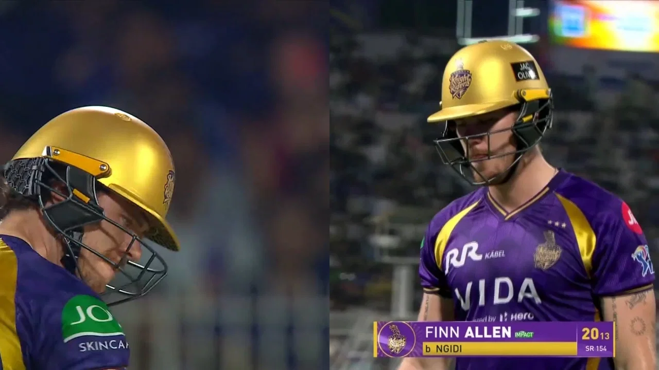 Finn Allen punches bat in anger after being dismissed by Lungi Ngidi in KKR vs DC clash