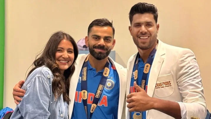 Harshit Rana with Virat Kohli and Anushka Sharma