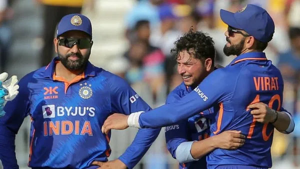 Kuldeep Yadav, Virat Kohli and Rohit Sharma.