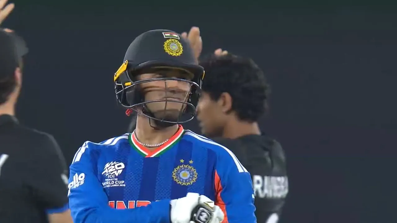 Abhishek Sharma punches his bat in anger after dismissal in T20 World Cup 2026 final Abhishek Sharma punches his bat in anger after dismissal in T20 World Cup 2026 final