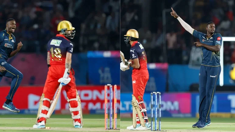 Jason Holder celebrates wildly after dismissing Virat Kohli and Devdutt Padikkal in a fiery over during RCB vs GT clash