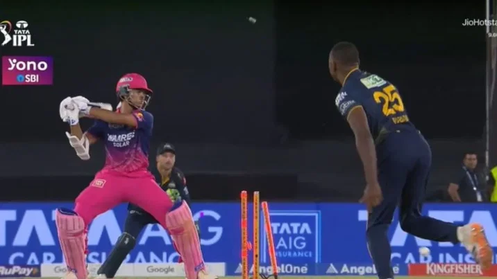 Kagiso Rabada cleans up Yashasvi Jaiswal after being struck for a boundary in IPL 2026