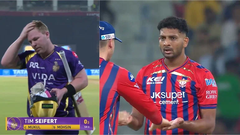 Ben*****d! Mohsin Khan gives a fiery send-off to Tim Seifert after dismissing the KKR batter for a duck in KKR vs LSG clash