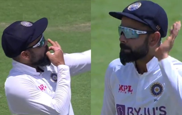 Virat Kohli whistling to get the Chennai crowd to make noise (Credits: BCCI Twitter)