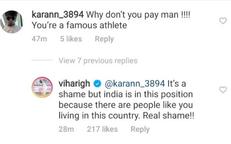 Hanuma Vihari Shuts Down An Instagram User For His 'Why Don’t You Pay Man' Comment