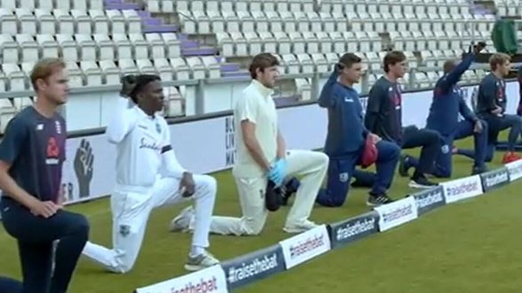England and West Indies players taking a knee in support of BLM (Photo-sky Sports)