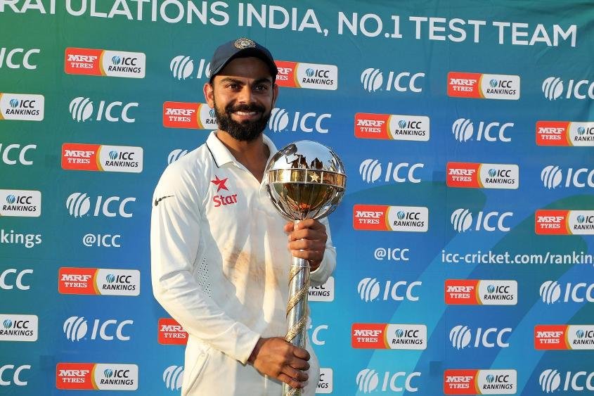 Virat Kohli poses for a photo with the ICC Test Mace. (Photo: Twitter)