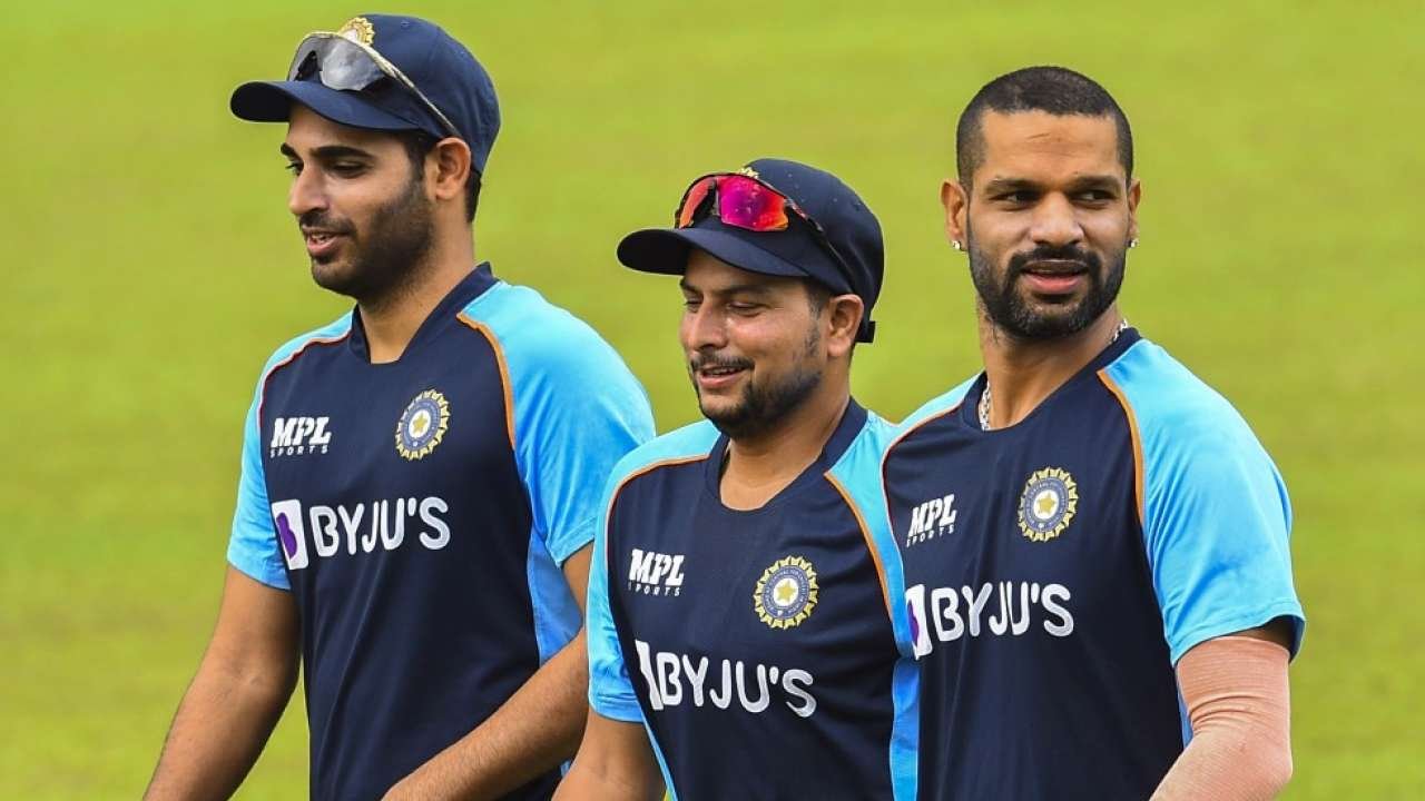 Bhuvneshwar Kumar, Kuldeep Yadav, and Shikhar Dhawan, , Sri Lanka vs India 2021
