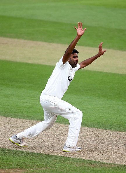 LONDON, ENGLAND - JULY 11: Ravichandran Ashwin of Surrey appeals unsuccessfully during day one of the LV= Insurance County Championship match between Surrey and Somerset at The Kia Oval on July 11, 2021 in London, England. (Photo by Jordan Mansfield/Getty Images For Surrey CCC)