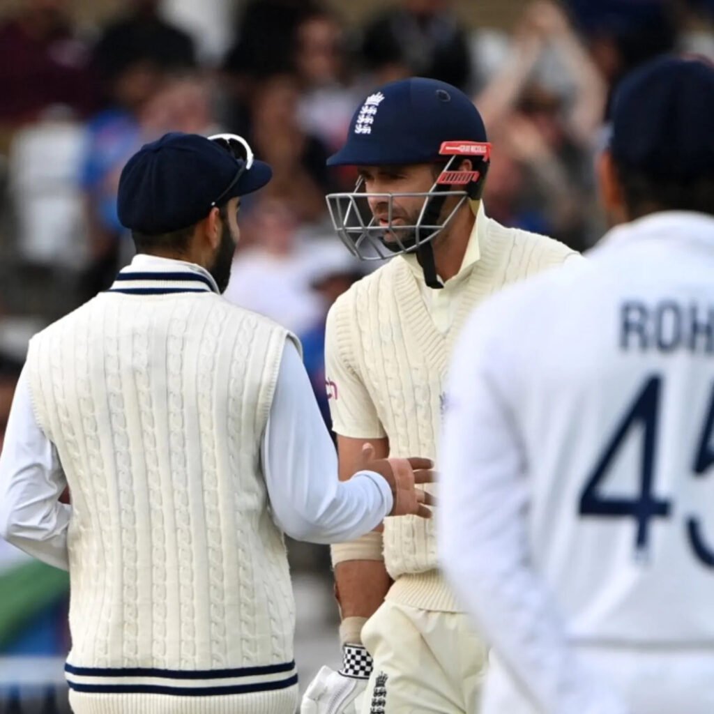 James Anderson and Virat Kohli of India converse at Lord's. Photo- Getty