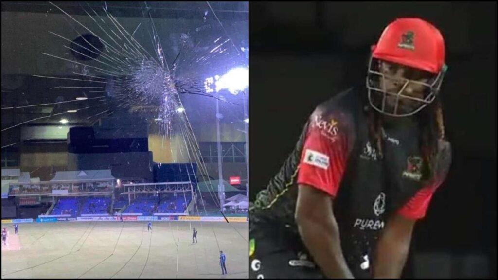 Chris Gayle smashed a window with a six during a CPL 2021 match. Photo-Twitter