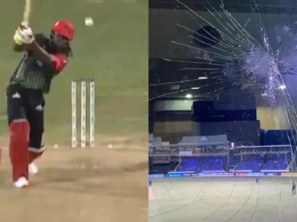 Chris Gayle smashed a window with a six during a CPL 2021 match. Photo-Twitter