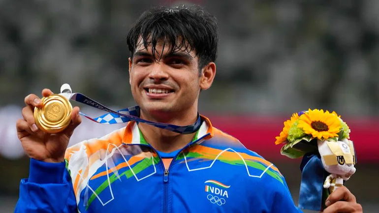 Neeraj Chopra with Olympic Gold. Photo- AP