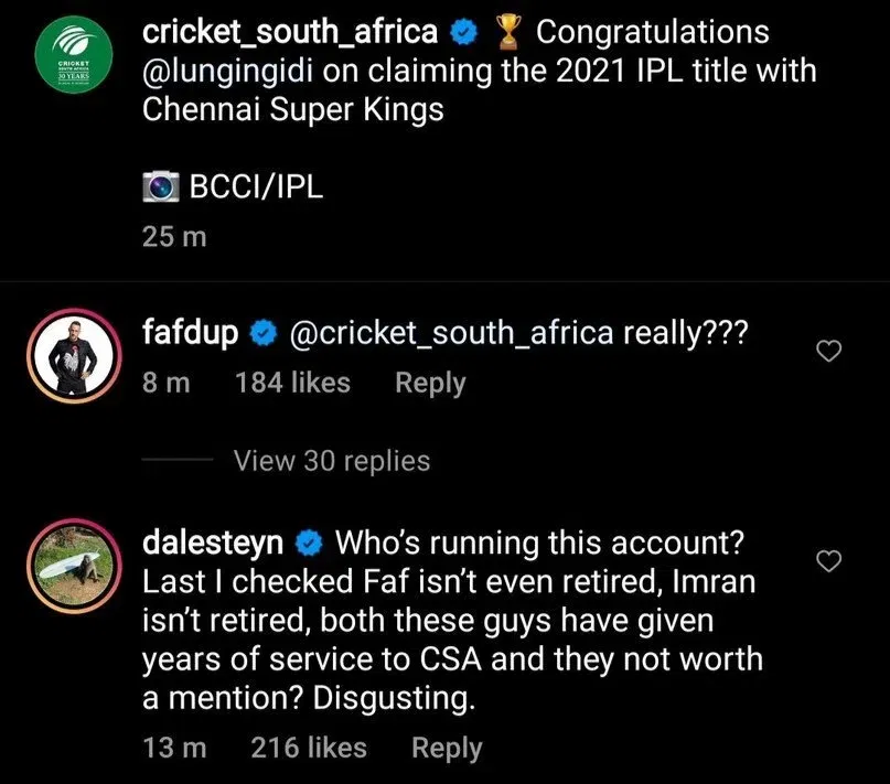 Faf du Plessis reacts on CSA's post; Dale Steyn Slammed CSA