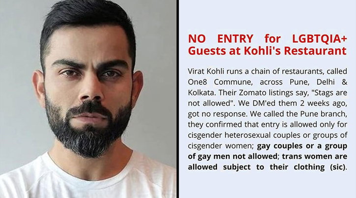 Virat Kohli's restaurant in Pune accused of homophobia. Photo-Twitter
