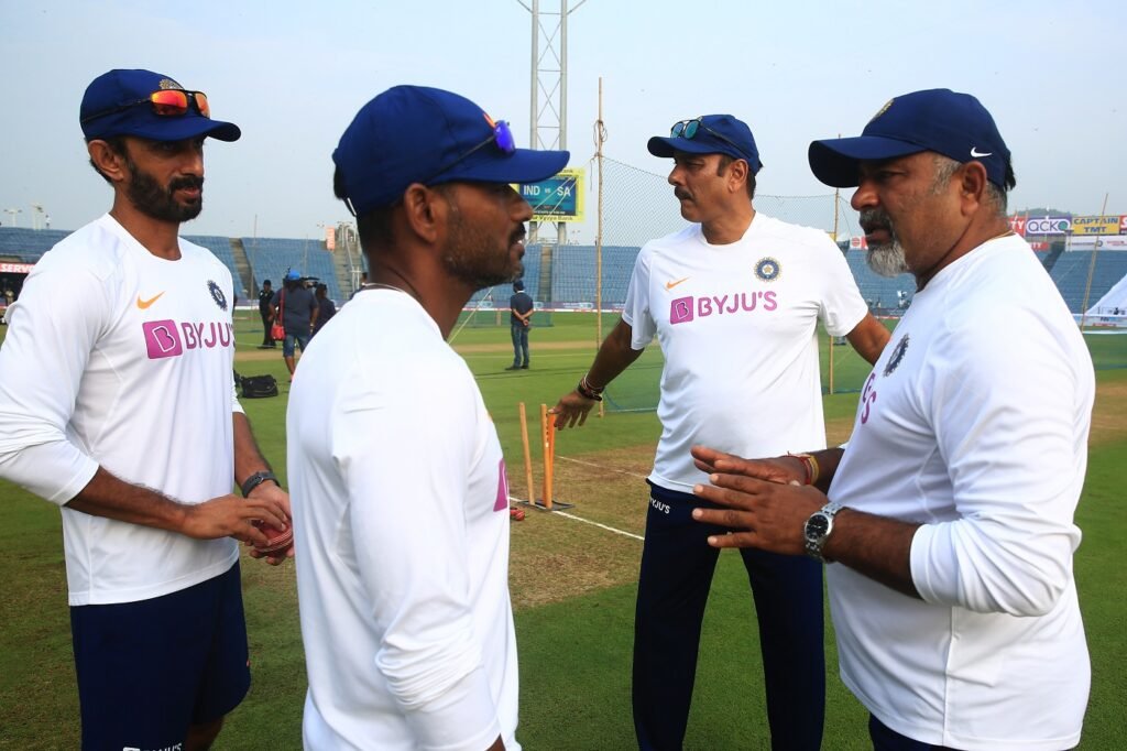 Ravi Shastri coach of indian ,Ramakrishnan Sridhar fielding coach ofindia,Bharat Arun Bowling coach of india,Vikram Rathour India cricket batting coach during day 1 of the second test match between India and South Africa held at the Maharashtra Cricket Association Stadium in Pune, India on the 10th October 2019 Photo by Arjun Singh / SPORTZPICS for BCCI