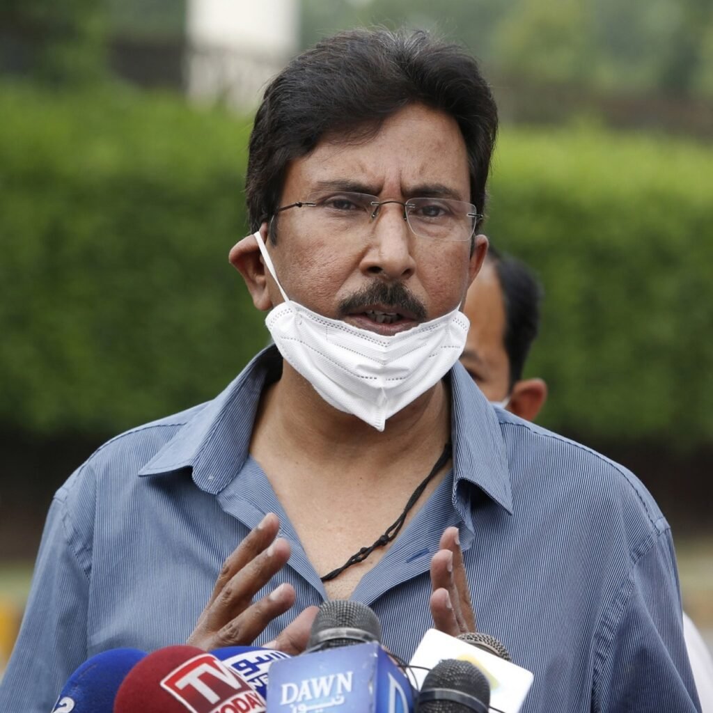 Former Pakistan test captain Salim Malik speaks to reporters in Lahore, Pakistan, Monday, June 8, 2020. Malik said allegations that question his integrity are untrue and urged the Pakistan Cricket Board to treat him fairly. (AP Photo/K.M. Chaudhry)