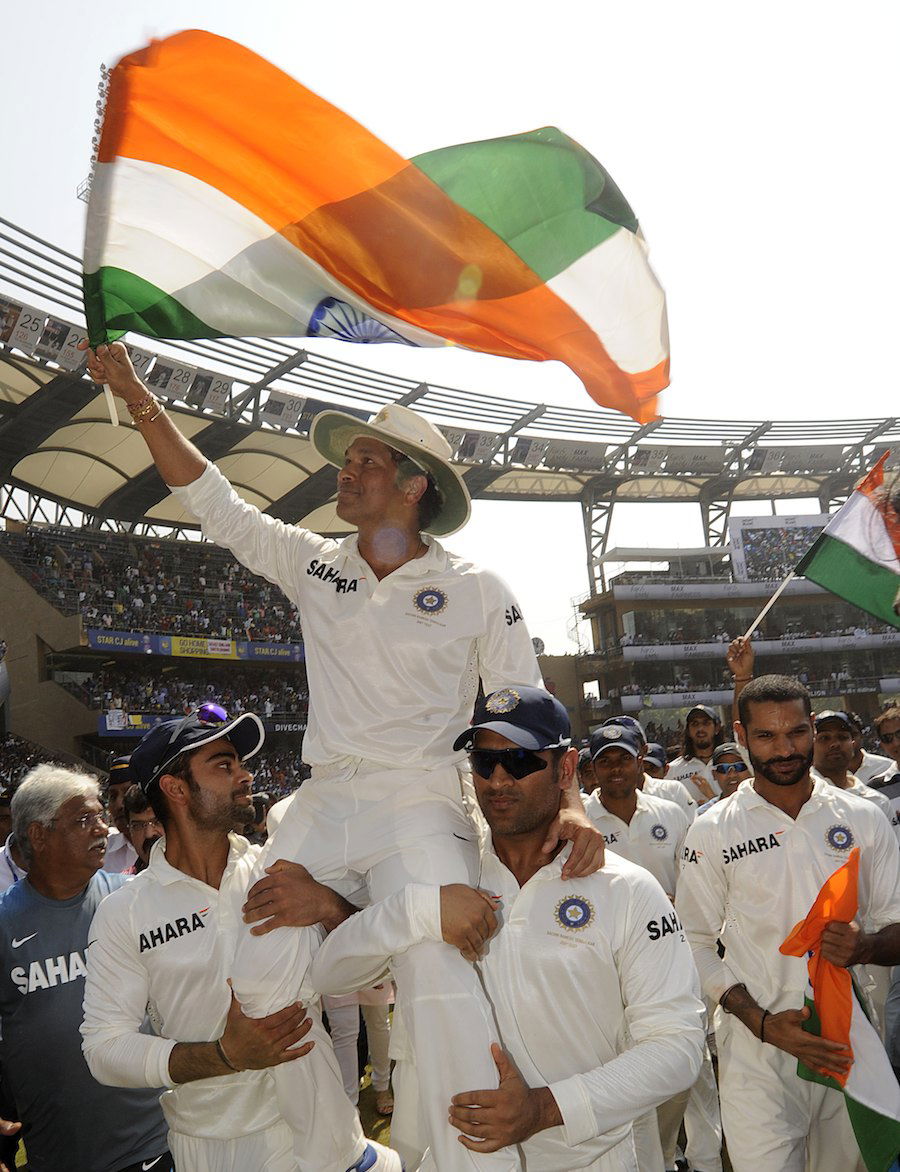 Virat Kohli and MS Dhoni carrying Sachin Tendulkar after his last Test. Photo BCCI