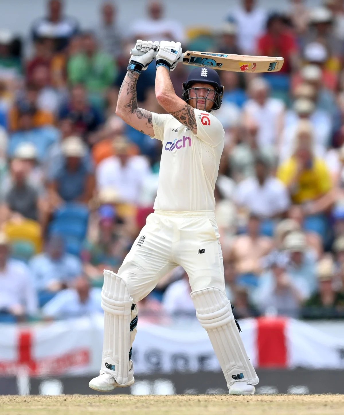 Ben Stokes drives through the off side, West Indies vs England, 2nd Test, Kensington Oval, 2nd day, Barbados, March 17, 2022. Photo- Randy Brooks-AFP via Getty Images