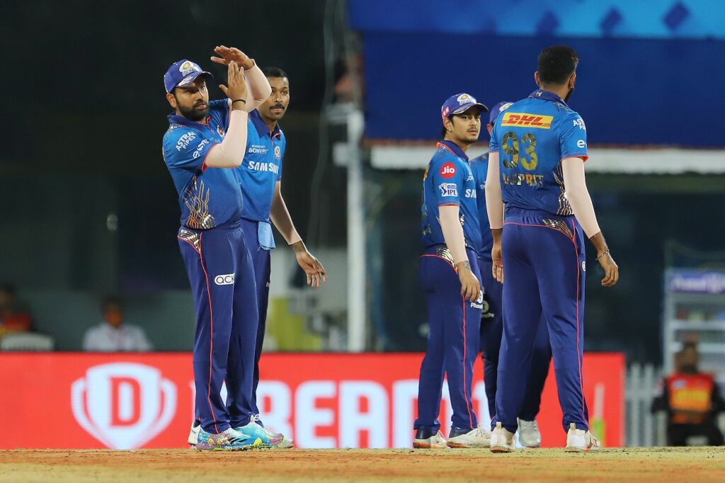 Rohit Sharma Captain of Mumbai Indians takes DRS to review the decision during match 9 of the Vivo Indian Premier League 2021 between the Mumbai Indians and the Sunrisers Hyderabad held at the M. A. Chidambaram Stadium, Chennai on the 17th April 2021. Photo by Faheem Hussain / Sportzpics for IPL