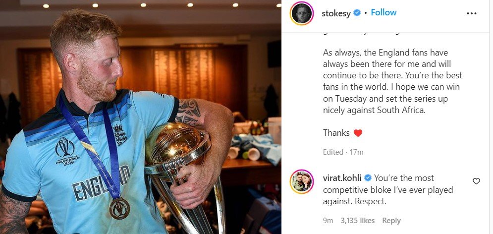 Virat Kohli reacts to Ben Stokes' retirement from ODI cricket