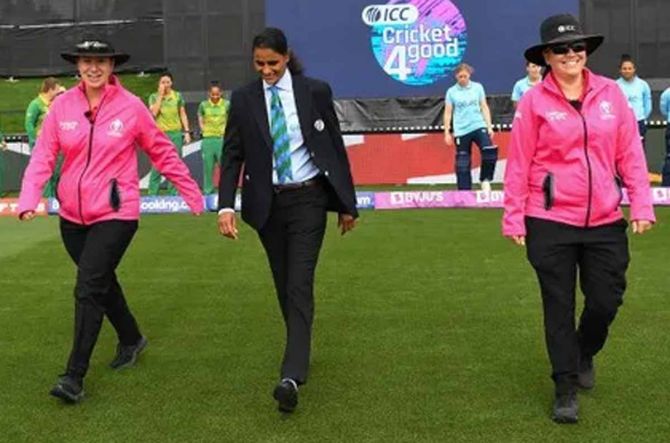 GS Lakshmi (centre) is one of three Indians in the ICC panel