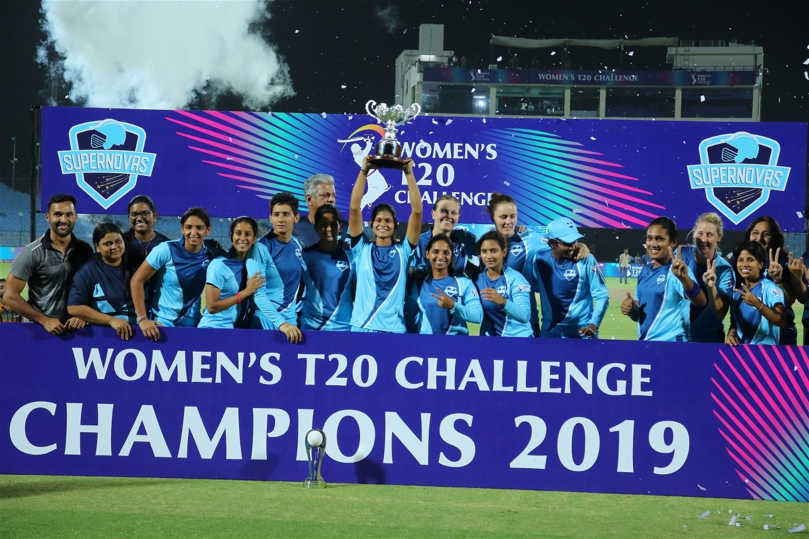 Jaipur: Supernovas pose with the trophy after winning the final match of Women's T20 Challenge 2019 against Velocity at Sawai Mansingh Stadium in Jaipur, on May 11, 2019. (Photo: IANS)